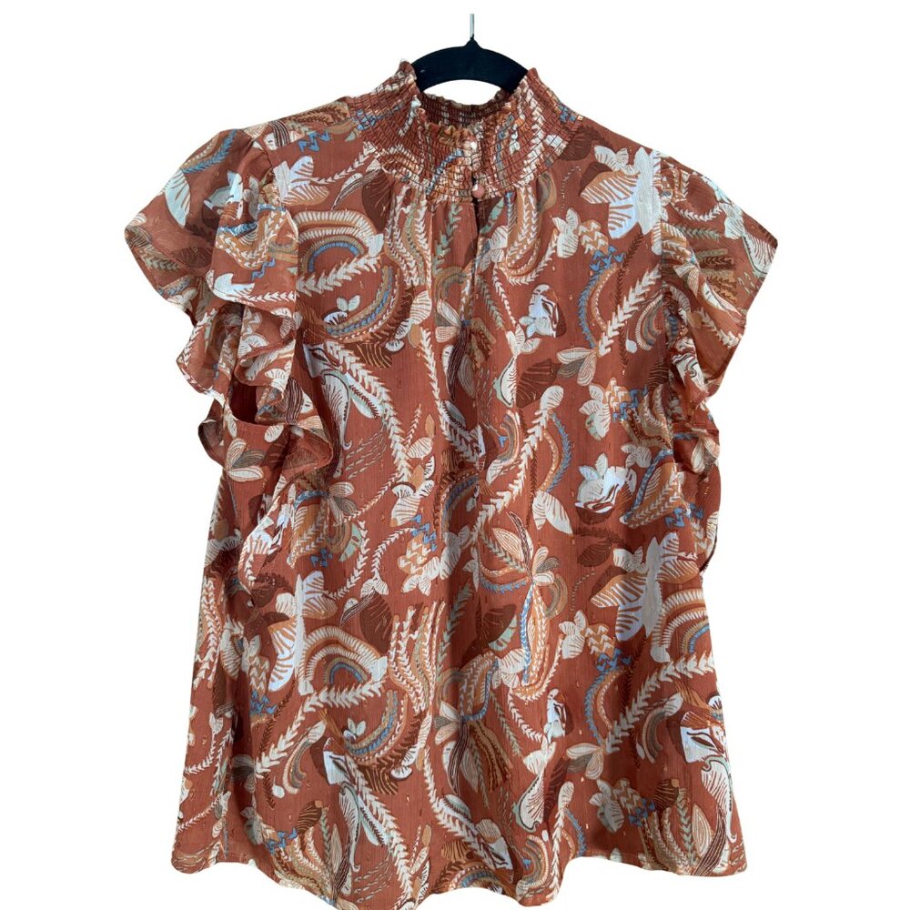 Joie Burnt Orange Floral Flutter Sleeve Smocked Mock Neck Top Women's Medium - Picture 3 of 8
